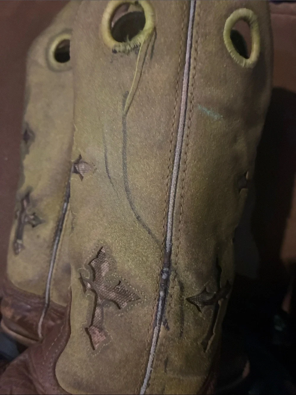 Ariat Olive Suede Western Boots with Brown Cross Accents
